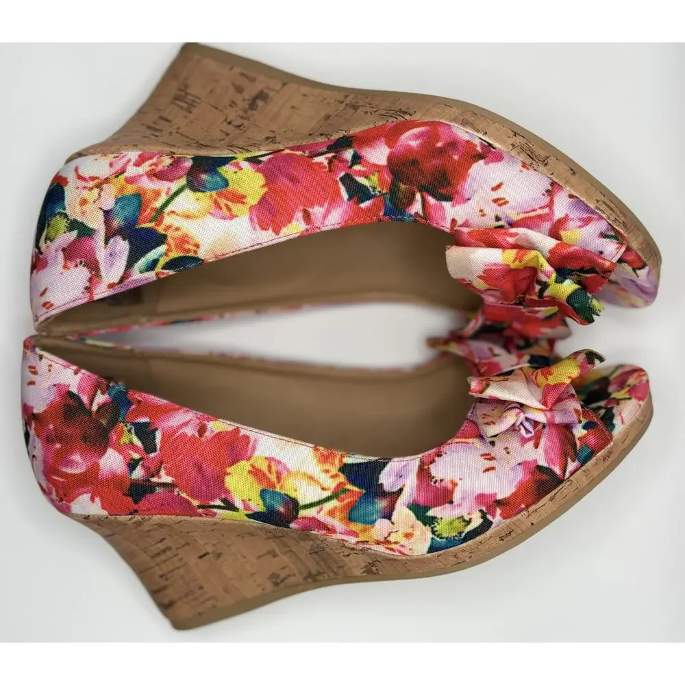 Dexflex Comfort Floral Cork Wedge Peep Toe Pumps Women's Size 8W Pink Bow Shoes